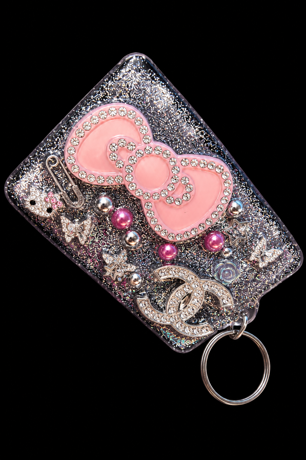 Junk’d Luxe Black Charm Card Holder Keychain | Handmade Rhinestone Wallet Charm | One of One